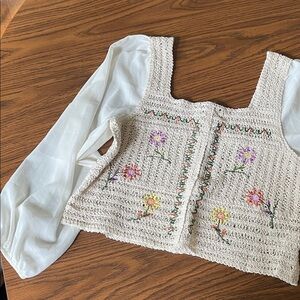 Embroidered Crochet Top with Sheer Sleeves